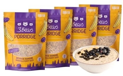 3Bears Porridge - Mohnige Banane I 4x400g veganes Porridge mit Vollkorn-Haferflocken I Mit rein natürlicher Süße und ohne Zusatzstoffe I auch als Oatmeal, Frühstücksbrei oder Overnight Oats