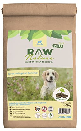 RAW Nature torrfoder JUNIOR | Naturligt kallpressad | spannmålsfritt hundfoder | fullvärdig mat | hög kötthalt | högkvalitativt muskelkött | utan konstgjorda tillsatser | valpfoder (5 kg)