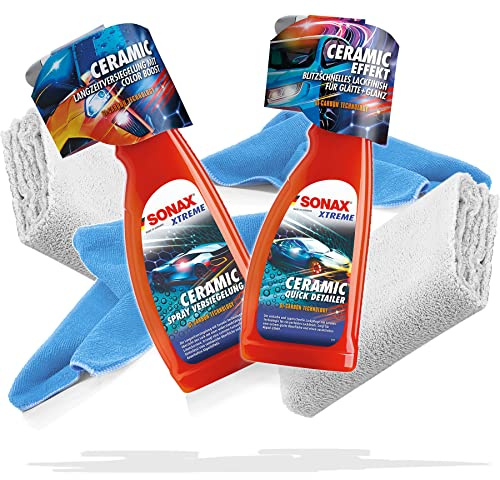 detailmate Sonax Set di pulizia e cura per auto: SONAX Xtreme Ceramic Spray Sigillante 750ml + SONAX Xtreme Ceramic QuickDetailer 750ml + 2 panni in microfibra 320GSM + 550GSM