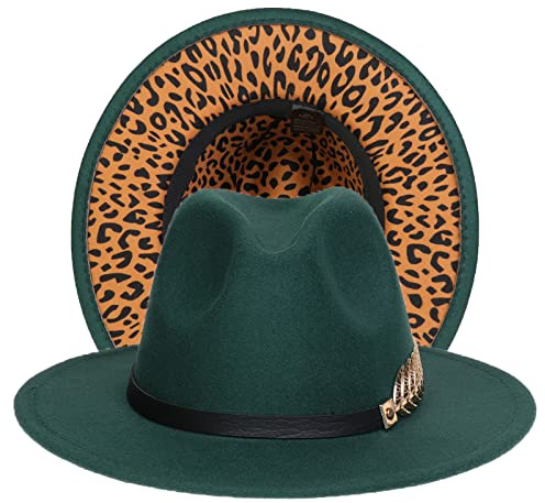 JK Home Fedora - Sombrero de Jazz para boda, bicolor, borde ancho con piel sintética, hebilla interior, cordón ajustable, verde oscuro, Talla única