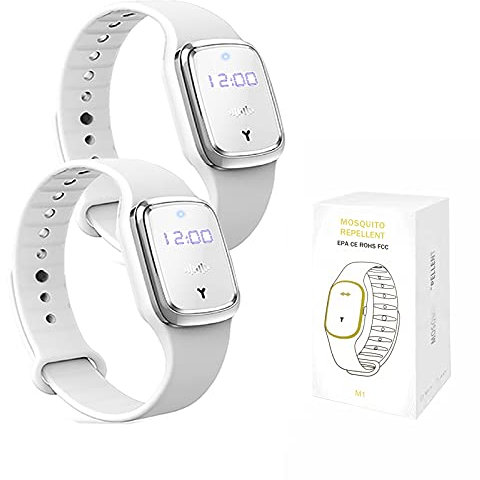 Pulsera repelente de mosquitos, pulsera ultrasónica repelente de mosquitos, reloj electrónico con función de reloj, recargable por USB, pulsera repelente de mosquitos (paquete de 2, blanco)