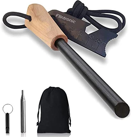 Flintronic Survival Fire Steel, Flint Striker Steel Fire Starter Kit, Magnesium Ferrocium Rod Firesteel with Scale Scraper & Whistle, Outdoor Emergency Survival Tool for Camping Hiking