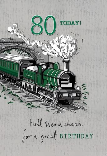 Noel Tatt Carte d'anniversaire 80 ans pour homme Motif train à vapeur avec feuille d'aluminium et décorations 3D Écologique et recyclable