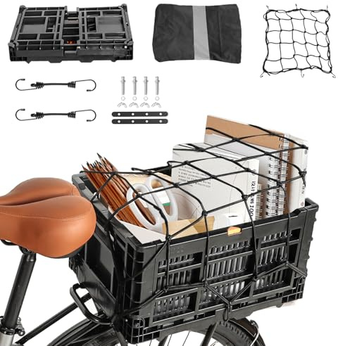 BEEYEO Bike Basket Rear,Foldable Rear Rack Bicycle Basket,Collapsible Bike Baskets with Mesh Pocket Waterproof Cover for Adult Bikes,Milk Crate Bicycle Storage Carry for Pets Fruit Shopping Outings