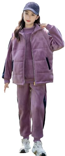 amropi Girl's 3 Pieces Tracksuit Hooded Vest and Sweatshirt and Jogging Pants Outfits Set Purple,9-10 Years