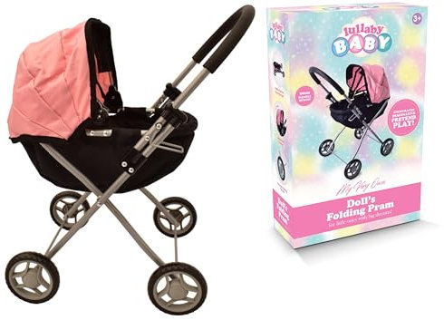 Lullaby Baby Children’s Baby Pram | Kids Toys Pink Baby Pram | Adjustable Canopy and Easy to Fold and Store