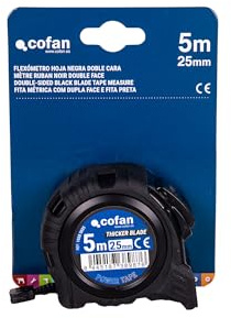 Cofan Flexómetro de hoja negra con doble cara | Carcasa de ABS | Funda antichoque | Botón de bloqueo automático | Cinco Medidas Disponibles (1, 5 m x 25 mm)