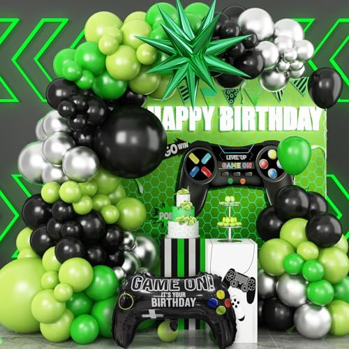 Video Game Balloon Arch Garland Kit, Green Black Silver Party Balloons with Game Handle Foil Balloons for Video Game Theme Birthday Party Boys Night Party Decor