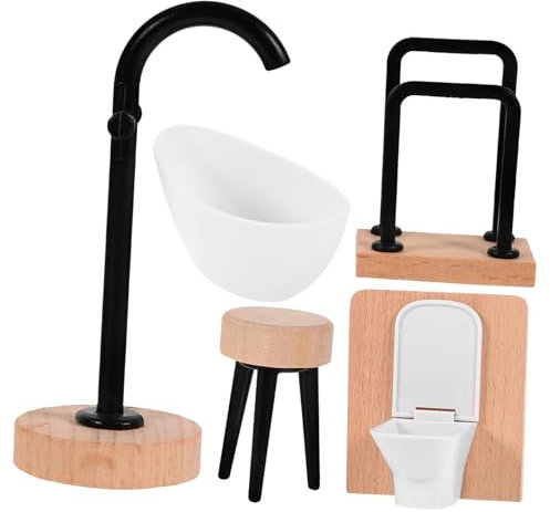 Abaodam Miniature Bathroom Furniture Set 1/12 Scale Dollhouse Accessories with Toilet Bathtub Faucet Towel Rack Stool for Imaginative Pretend Play