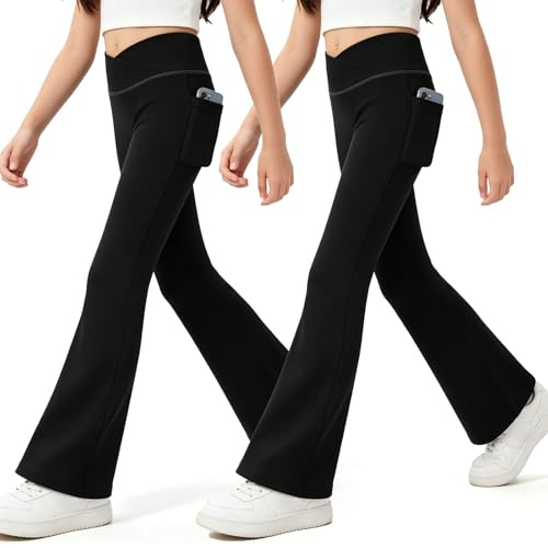 KAKU NANU 2 st utsvängda leggings flickor yogabyxor 7-14 år V kors hög midja med fickor sport dans joggingleggings svart marinblå brun grå rosa lila, Svart+Svart, 13-14 År