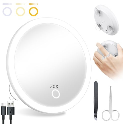 Jadazror Lighted 20X Magnifying Mirror, Makeup 20X Magnification with 3 Suction Cups, Handheld Magnified Mirror with 3 Color Lights Rechargeable 5inch Travel Magnification with Tweezers & Scissors