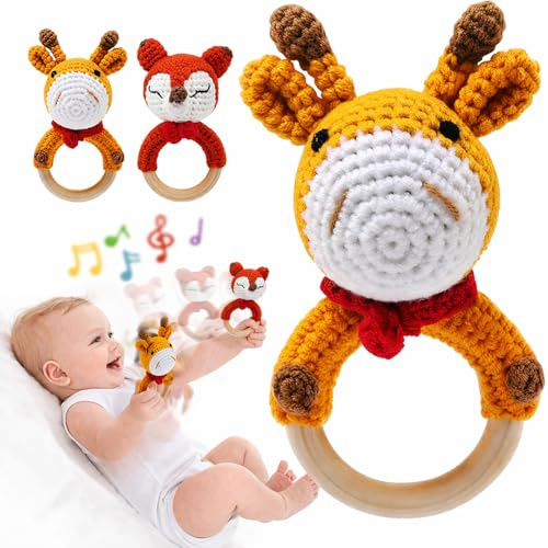 Joylife Wooden Baby Rattle with Teething Ring, Hand-Crocheted Deer Newborn Toy, Soft Baby Rattle for Little Hands, Natural Beech Wood Baby Gift