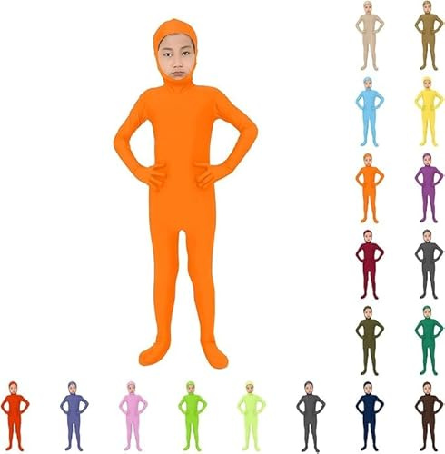 Kids Open Face Spandex Halloween Bodysuit Unisex Stretch Plain Unitard Child Cute Festival Full Body Suit Orange Jumpsuit 2025 Funny Party Performance Outfits Carnival (A-Orange, 10-14 Years)