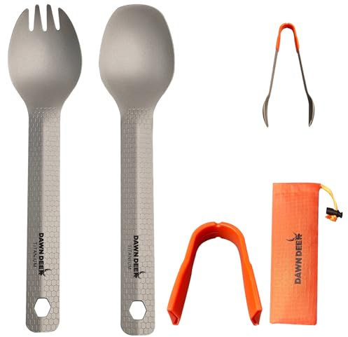 Dawn Deer 3 in1 Titanium Ultralight Cutlery Set, Long Handle Spoon and Spork, Camping Tong, Travel Utensils with Bag (16 cm)