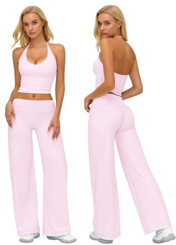 ABOCIW Workout Sets for Women 2 Piece V Neck Adjustable Halter Crop Top Matching Wide Straight Leg Yoga Pants Leggings Gym Pilates Outfits Athletic Work Out Clothes Halter Light Pink Small