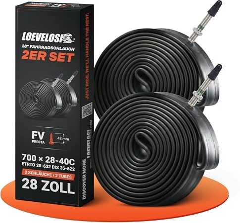 LOEVELOSI 2 x cykelslang 28 tum med Sclaverand-ventil 48 mm – cykelslang SV Presta fransk ventil – ETRTO 28/40–622 set om 2 slangar 700 x 28–40 C vägcykel gravel city trekking e-cykel