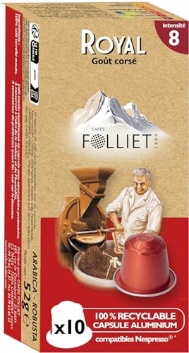 CAFÉS FOLLIET - Café En Capsule - Royal Corsé - Comptaible Nespresso - Torréfaction traditionnelle - Intensité 8/10 - Mélange Robusta & Arabica - Cafévert - 10 Capsules