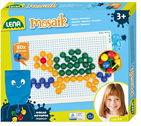 Lena 35624 - Mosaik Steckspiel Set, Steckmosaik mit 80 farbigen Stecker, Mosaikstecker Ø 15 mm, Mosaikspiel für Kinder ab 3 Jahre, Komplettset mit Steckplatte ca. 21 x 16 cm und Organizer, bunt