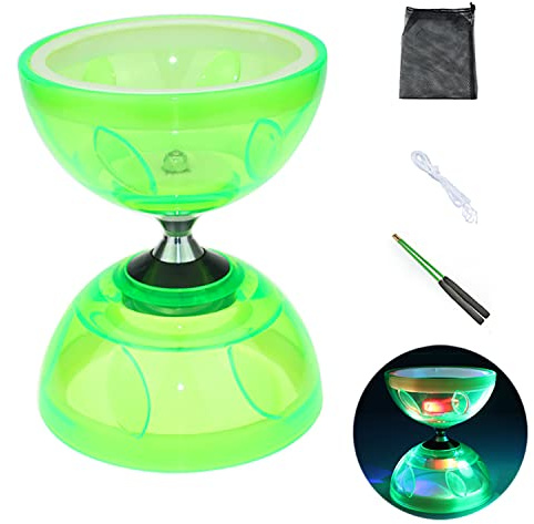 Diabolo Chinese Yoyo Set ,Triple Bearing Diabolo Chinese Yo-yos Juggling Toys with Colorful LED Diabolo with Diablo Sticks, Diabolo String&Net Bag, Easier Start/ Faster/ Stable&Lasts Longer (Green)