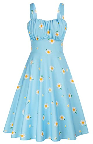 Belle Poque Vestido de cóctel para Mujer, Elegante Vestido de Verano, Elegante Vestido de Ocio, Acampanado, Largo BP0380S22, Margarita y Azul Claro, S