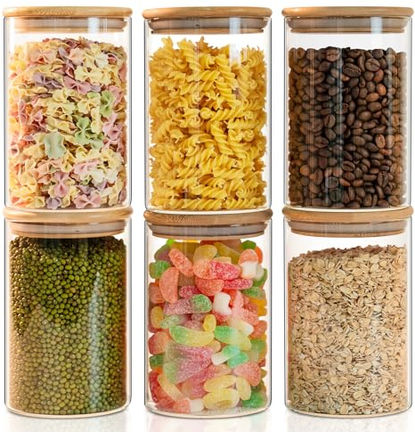 Liuruiyu Glass Food Storage Jars 6-Pack 37oz - 4x6 in-Clear Glass Food Canisters with Bamboo Lid Airtight For Serving Tea, Coffee, Flour, Sugar, Candy, Cookie, Spice and More (Circular)