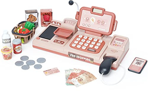 Electronic Cash Register Toy for Kids Shopping Till Set Pretend Play Supermarket Shop Toys with Scanner,Money, Sound, Play Food, Weigh, Credit Card Gift for 3 4 5 6 7+ Years Toddler Boys Girls Pink