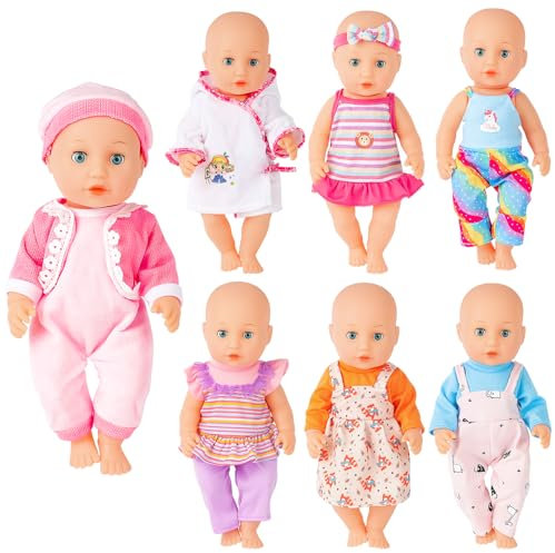 deAO Puppenkleidung Set für 36 cm Babypuppen, 14 Zoll Puppen Kleidung Outfit Zubehör Kleider, Hosen, Badeanzug, Geschenk für Rollenspiele ab 3 Jahre Mädchen(Puppe Nicht inklusive) | 7 Stück