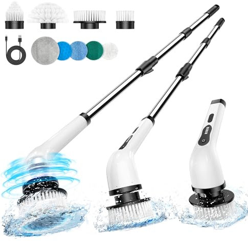 Elektrische Reinigungsbürste, Neues Spin Scrubber mit 9 Austauschbaren Bürstenköpfen, Verstellbarem Verlängerungsgriff, 3 Einstellgeschwindigkeiten für Badezimmer, Küche, Auto, Fußboden