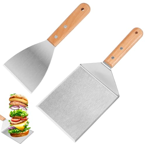 Grillspatel set i rostfritt stål, grillvändarset med trähandtag, grillbestick, BBQ-verktygsset, burgare vändare, Plancha-spachtel, grillpannavändare för barbecue, steak, pizza, teppanyaki-tillbehör
