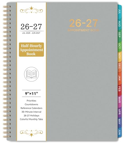 2026-2027 Appointment Book/Planner - Weekly & Monthly Planner, 9 x 11, Large, JUL. 2026 - JUN.2027, 30-Minute Interval, Daily Hourly Planner, Colorful Monthly Tabs, Inner Pocket, Grey