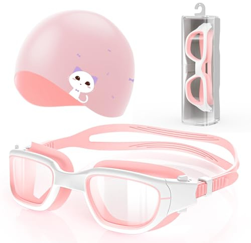 Zeligerstar Kids Swim Goggles with Free Silicone Swim Cap in Candy Dual-Tone: Leak-Proof, Anti-UV Lenses for Ages 6-14, Includes Hard Case & Bonus Swim Cap