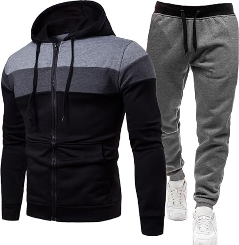 Herren-Trainingsanzug, Velours-Trainingsanzug, trendig, für Frühling und Winter, einfarbig, langärmelig, Kapuzenoberteil und Hose, warm, Kapuzen-Sweatshirt, Sporthose, Set für Herren, Schwarz , M