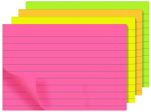 8 Pads Neon Rectangular Lined Sticky Notes 127 x 76mm | Self-Adhesive | 8 Residue-Free Adhesive Neon Colour Memo Pads: Yellow, Pink, Green, Orange, Lined/Ruled | Office, School & Meeting Notes