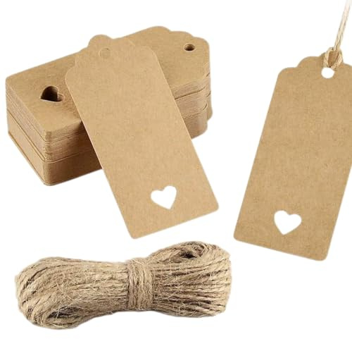150 etichette regalo, 3 x 6 cm, 30 metri di corda di iuta naturale, etichette in carta kraft per esporre gioielli e vestiti, adatte per etichette regalo, cartellini dei prezzi e lavori fai da te.