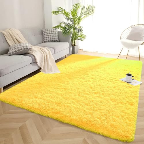 AIMECO Lemon Gelb Flauschig Hochflor Teppich 140x200cm | Anti-Rutsch Leichtgewichtig Skandinavischer Stil, Ideal für Kinderzimmer, Wohnzimmer & Schlafzimmer
