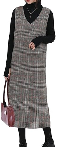 SOMTHRON Women's Fall Winter Plaid Wool Jumper Overall Dress Sleeveless V Neck Business Midi Pullover Tank Vest Dress GY1-S
