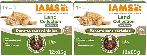 IAMS Delights Land Collection Nourriture Humide pour Chat sans céréales – Multipack avec Viande, variétés en Sauce, Nourriture Humide sans céréales pour Chats à partir de 1 an, 12 x 85 g (Lot de 2)