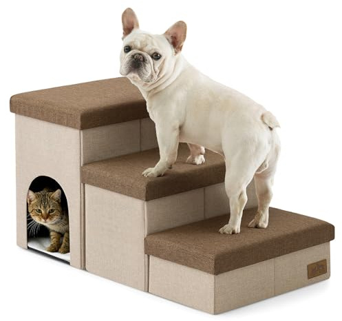 COZY KISS Hundtrappa för små hundar med förvaringsutrymme och kattöppning, bred husdjurstrappa vikbar för säng och soffa, hundramp med halkfritt golv, läckagesäker, 83 x 43 x 43 cm, 3 steg, brun