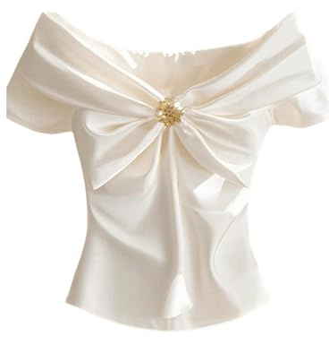 GORGLITTER Women's Satin Silk Bow Blouse Dressy Short Sleeve V Neck Business Casual Shirts Quiet Luxury Clothes White Medium