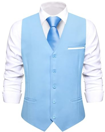 KBLDOPN Gilet da Uomo Elegante in Seta Verde, Cravatta, Fazzoletto, Gemelli, Set for, Matrimonio, Affari, Festa Matrimonio Lavoro Cerimoni(MD-3369-3141,XL)