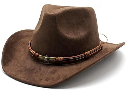 Chapeaux de Cowboy Bruns Classiques pour Hommes et Femmes Chapeau de Daim extérieur Large Bordure avec crâne en métal Unique pour Les fêtes à thème occidentales et Les Accessoires de Mode