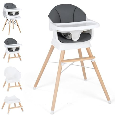 LIFEZEAL Trona para Bebés y Niños Pequeños de Madera Maciza | Silla alta infantil multifuncional con reposapiés y bandeja ajustables, cinturón de seguridad, apta de 6 a 36 meses