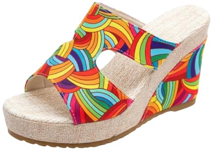 Slip-On Espadrille kil sandaler kvinnor 2026 färgglatt tryck bekväma öppen tå plattform glidplattor läder plattform glidare klädd högklackad strand sommar sandal vardaglig semester kilar sko mules