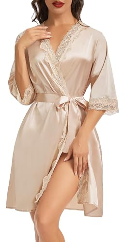 Lovasy Peignoir Satin Femme Court en Dentelle Robe de Chambre Soie Mariage Kimono Peignoir Bride Sexy Léger Col V avec Ceinture Robe de Demoiselle d'Honneur