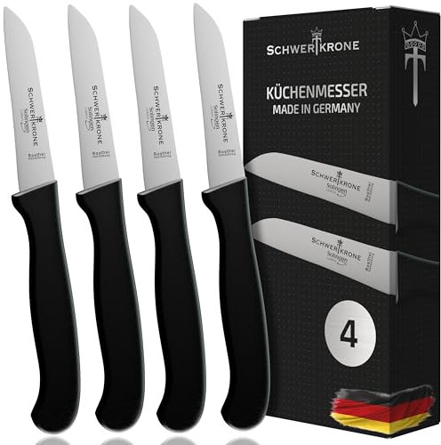 SCHWERTKRONE® Schälmesser 4er Set [MADE IN SOLINGEN - GERMANY] - Gemüsemesser Obstmesser - Küchenmesser klein scharf - Schneidemesser Kartoffelschälmesser - Allzweckmesser rostfrei (4x7,5cm gerade)