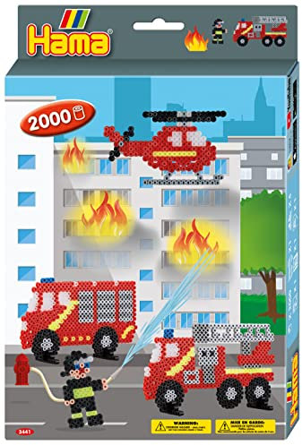 Hama Perlen 3441 Geschenk-Set Feuerwehr mit ca. 2.000 bunten Midi Bügelperlen mit Durchmesser 5 mm, Motivvorlage und Stiftplatte, inkl. Bügelpapier, kreativer Bastelspaß für Groß und Klein