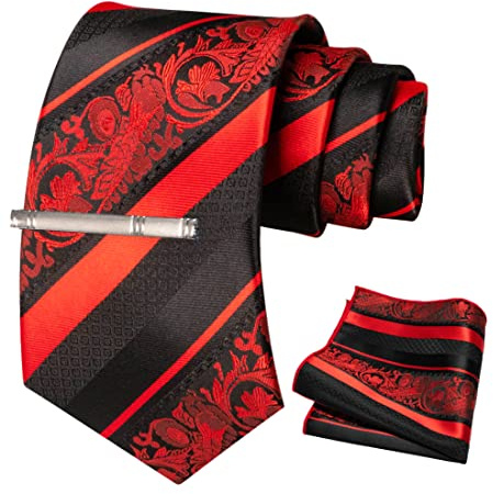 JEMYGINS Cravate Homme Rouge Rosé Saumon Rouge en Soie Rayures et Impression Mariage et Pinces à cravate et Carre de poche Ensemble Compris boîte(7)