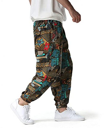 MakingDa Mens Hippy Trousers Cotton Baggy Printed Casual Harem Pants Colourful Patterned Yoga Hippie Bohemian Bottoms-6-3XL