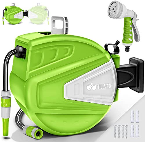 tillvex Schlauchtrommel Wasser 20+2m mit Wandhalterung + Tragegriff | Schlauchaufroller mit Handbrause und Gartenschlauch | 180° Schwenkbar | Wand-Schlauchbox mit Aufroll-Automatik | Grün