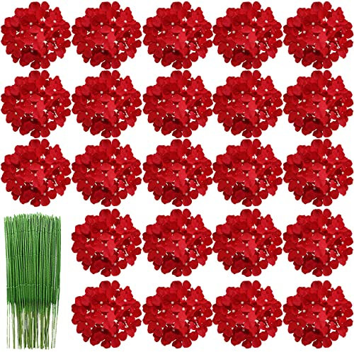 HinyoCo 28 Pcs Hortensias Artificiales, Hortensias de Seda Cabezas de Flores con Tallos Flores Falsas para Ramos de Novia, Decoración de Fiesta en el hogar, Arreglos, Centros de Mesa (Rojo)
